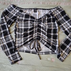 Rue21 Black and White Plaid Ruched Blouse